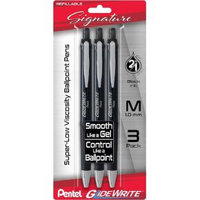 Pentel Glidewrite Signature Ballpoint Pen, (1.0mm) Medium, White Barrel, Black Ink, 3-pk (BX930WBP3A)