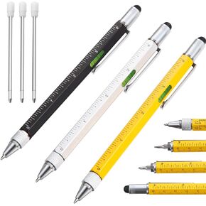 3 Pieces Present Pen for Men, Multi-Tool Pen, 6 in 1 Pen Mini Ballpoint Pen, Ruler, Screwdriver, Flat Head, Touch-Screen Pen and 3 Pieces Refills for Graduation (Black, Yellow, Silver Shell)