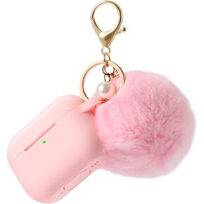 Case Cover for Airpods Pro 2nd Generation Charging Case 2022, Soft Silicone Protective Case with Keychain and Cute Puff Pom Pom Ball Kit Front LED Visible (Black)