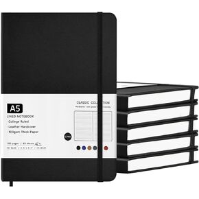 6 Pack Journal Notebooks College Ruled Notebook Classic Leather Hardcover Lined Journals for Writing Office School Home Business, 8.3" x 5.5", 100GSM Thick Paper, 160 Pages (Black, A5)