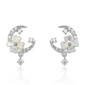 Meissa Sterling Silver Earrings for Women Moon Flower Pearl Dangle Earrings Cubic Zirconia Statement Earrings Handmade Jewelry Hypoallergenic (Gold)