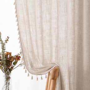 Boho Linen Curtains 84 Inches Long 2 Panels Cream Beige Semi Sheer Curtains Tassel Rod Pocket Back Tab Top Light Filtering Neutral Farmhouse Curtains for Living Room Bedroom 38x84