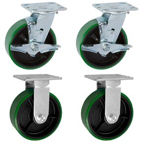 ICON Caster Wheels 6" x 2" PCI Heavy Duty Industrial Caster, 2 Rigid 2 Swivel Casters, Top Plate 4" x 4.5", Green, Non-Marking Polyurethane Wheel, Load Capacity 4800 lbs per Set (4-Pack)