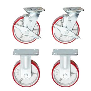 Nisorpa 6 inch Heavy Duty Casters Set of 4 Swivel Steel Wheels Red Polyurethane Lockable Caster Wheels for Industrial Trailer, Furniture - 2 with Brakes and 2 without Brakes