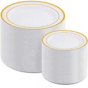 AOZITA 100 Gold Plastic Party Plates Disposable, Premium Heavy Duty Plastic Plates, 10" Plastic Dinner Plates for Party Wedding