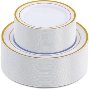 AOZITA 100 Gold Plastic Party Plates Disposable, Premium Heavy Duty Plastic Plates, 10" Plastic Dinner Plates for Party Wedding