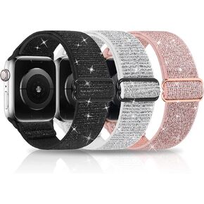 3 Packs Shiny Stretchy Bands Compatible with Apple Watch Band 49mm 38mm 40mm 41mm 42mm 44mm 45mm, Nylon Adjustable Sport Solo Loop Women Replacement Straps for iWatch Series Ultra 8 7 6 5 4 3 2 1 SE