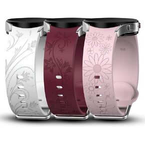 3 Pack No Gap Floral Engraved Bands Compatible with Samsung Galaxy Watch 6 5 4 40mm 44mm/ Watch 5 Pro 45mm/Galaxy Watch 6 4 Classic 47mm 43mm 46mm 42mm, 20mm Soft Silicone Sport Watch Strap for Women