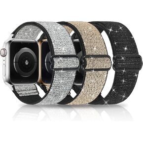 3 Packs Shiny Stretchy Bands Compatible with Apple Watch Band 49mm 38mm 40mm 41mm 42mm 44mm 45mm, Nylon Adjustable Sport Solo Loop Women Replacement Straps for iWatch Series Ultra 8 7 6 5 4 3 2 1 SE in Kuwait