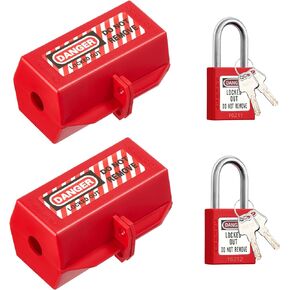 2 Sets of Safety Padlocks and Plug Lock for Lockout Tagout - 110-125 Volt Power Cord Lockout, Medium Temper Proof Electrical Plug Lock, Industrial Grade Lockout Device, OSHA Compliant Red