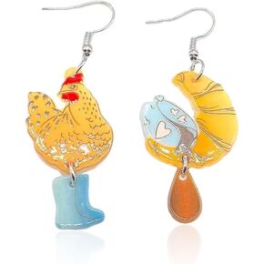 1-2 Pairs Weird Earrings For Women Girls Funny Colorful Acrylic Gentleman Tie Goose, Watermelon Duck, Big Rooster Chicken Boots Shoes Earrings Cute Farm Animal Design Lovely Gift