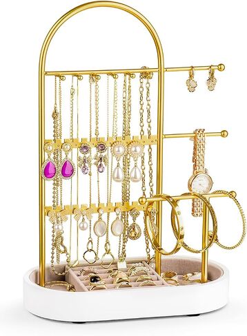 Jewelry Holder, Jewelry Organizer, Jewelry Display Stand with Metal Frame and Wood Velvet Tray, 3 Jewelry Hanging Rods, Necklace Earring Bracelet Holder, for Rings, Gold and White in Saudi Arabia