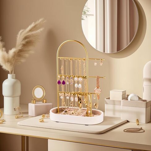 Jewelry Holder, Jewelry Organizer, Jewelry Display Stand with Metal Frame and Wood Velvet Tray, 3 Jewelry Hanging Rods, Necklace Earring Bracelet Holder, for Rings, Gold and White in Saudi Arabia