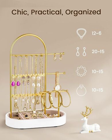 Jewelry Holder, Jewelry Organizer, Jewelry Display Stand with Metal Frame and Wood Velvet Tray, 3 Jewelry Hanging Rods, Necklace Earring Bracelet Holder, for Rings, Gold and White in Saudi Arabia