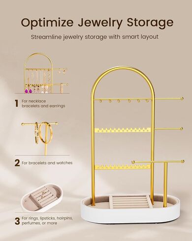 Jewelry Holder, Jewelry Organizer, Jewelry Display Stand with Metal Frame and Wood Velvet Tray, 3 Jewelry Hanging Rods, Necklace Earring Bracelet Holder, for Rings, Gold and White in Saudi Arabia