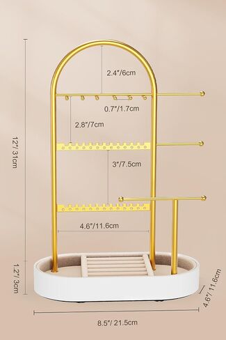Jewelry Holder, Jewelry Organizer, Jewelry Display Stand with Metal Frame and Wood Velvet Tray, 3 Jewelry Hanging Rods, Necklace Earring Bracelet Holder, for Rings, Gold and White in Saudi Arabia