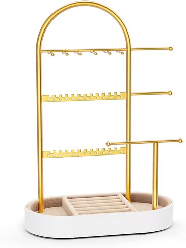 Jewelry Holder, Jewelry Organizer, Jewelry Display Stand with Metal Frame and Wood Velvet Tray, 3 Jewelry Hanging Rods, Necklace Earring Bracelet Holder, for Rings, Gold and White in Saudi Arabia