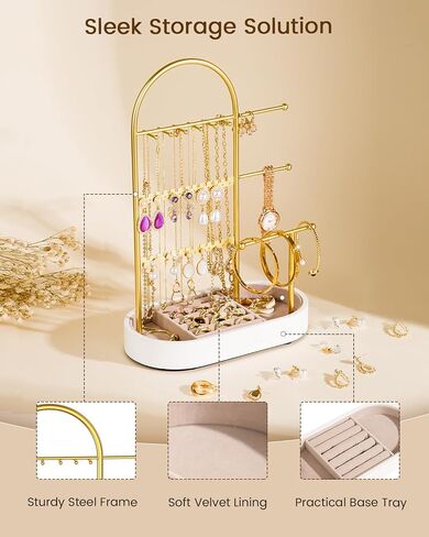 Jewelry Holder, Jewelry Organizer, Jewelry Display Stand with Metal Frame and Wood Velvet Tray, 3 Jewelry Hanging Rods, Necklace Earring Bracelet Holder, for Rings, Gold and White in Saudi Arabia