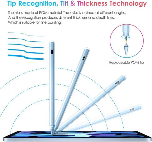 قلم DTTO لجهاز Apple iPad 10th/9th/8th/7th/6th Generation، Pro 11 بوصة، Pro 12.9 بوصة 6th/5th/4th Gen، Mini 6th/5th Gen، iPad Air 5th/4th/3rd Gen، رفض النخيل ، أزرق in Kuwait