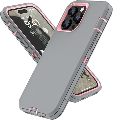 حافظة Sansunto لهاتف iPhone 14 Pro Max، حماية كاملة للجسم شديدة التحمل ومضادة للصدمات من الدرجة العسكرية 3 في 1 من مطاط السيليكون مع غطاء هاتف متين من البولي كربونات الصلب لهاتف 14ProMax 6.7 بوصة (رمادي وردي) in Kuwait