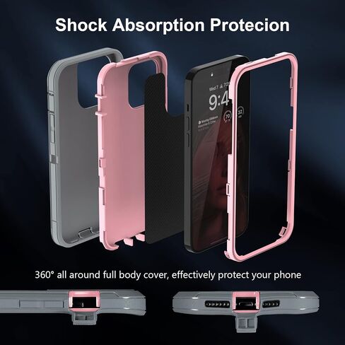 حافظة Sansunto لهاتف iPhone 14 Pro Max، حماية كاملة للجسم شديدة التحمل ومضادة للصدمات من الدرجة العسكرية 3 في 1 من مطاط السيليكون مع غطاء هاتف متين من البولي كربونات الصلب لهاتف 14ProMax 6.7 بوصة (رمادي وردي) in Kuwait
