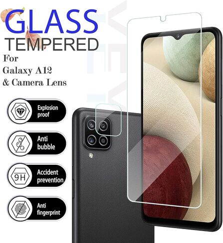 واقي شاشة زجاجي شفاف عالي الدقة لهاتف Galaxy A12 + واقيات عدسة الكاميرا من YEYEBF، [عبوتان + 2] [زجاج ثلاثي الأبعاد] [خالي من الفقاعات] [مضاد للوهج] زجاج واقي شاشة لهاتف Samsung Galaxy A12 in Kuwait