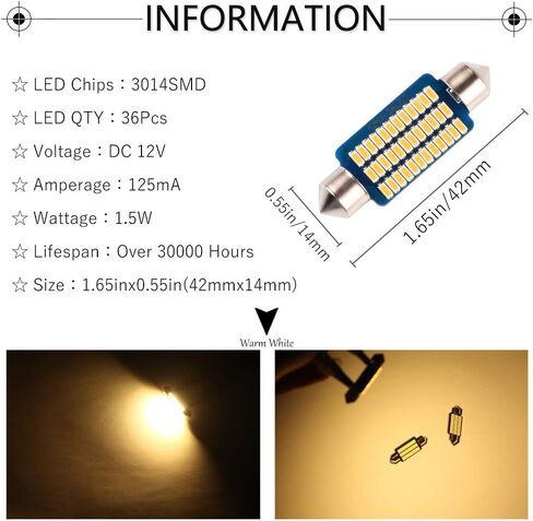 1797 LED Dome Light 41mm 42mm 211-2 569 578 Bulb Warm White 5000K 3014 SMD for Cars Map License Plate Trunk Interior Lights Lamp Replacement Festoon super Bright 12V 3W 1.65in 2 Pack in Kuwait