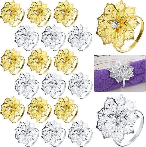 SATINIOR 24 Pack Alloy Napkin Rings with Hollow Out Flower Floral Napkin Holder Rhinestone Napkin Rings for Wedding Banquet Christmas Table Setting(Gold, Silver, Rose Gold) in Saudi Arabia