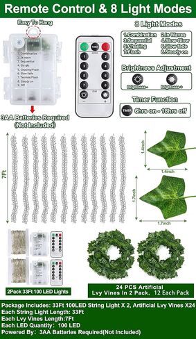 [ Timer ] Fake Ivy Vines 12 Pack 84Ft with 120 LED Vines with Lights Large & Small Thick Leaves String Lights Hanging Ivy Vines Lights for Bedroom Gardens Wedding Wall Room Decor in Saudi Arabia