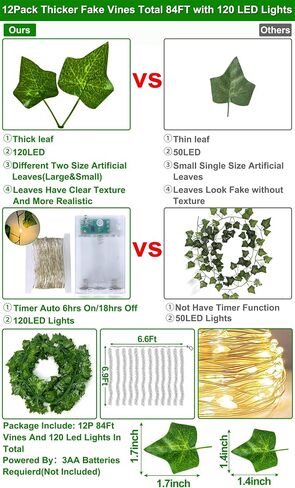 [ Timer ] Fake Ivy Vines 12 Pack 84Ft with 120 LED Vines with Lights Large & Small Thick Leaves String Lights Hanging Ivy Vines Lights for Bedroom Gardens Wedding Wall Room Decor in Saudi Arabia