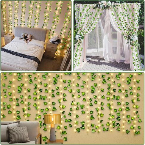 [ Timer ] Fake Ivy Vines 12 Pack 84Ft with 120 LED Vines with Lights Large & Small Thick Leaves String Lights Hanging Ivy Vines Lights for Bedroom Gardens Wedding Wall Room Decor in Saudi Arabia