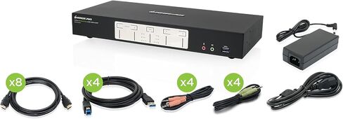 IOGEAR 4-Port 4K Dual View KVMP Switch مع HDMI، صوت، UHD 4K@60 هرتز RGB 4:4:4، محور USB 3.0، صوت، مفتاح التشغيل السريع، تبديل الأزرار، مفتاح ماوس لوحة مفاتيح شاشة الكمبيوتر لـ 4 أجهزة كمبيوتر وشاشتين مع كابلات - GCS1944H in Kuwait