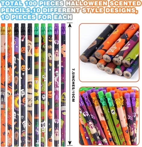 100 Pieces Halloween Pencils Scented Pencils School Pencils 10 style Smelly Pencils Colorful Pencils with Fruit Elements for Teachers Classrooms Reward Halloween Party Kids Gifts Supplie (100) in Saudi Arabia
