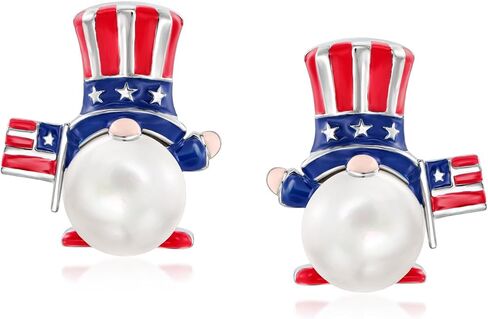 Ross-Simons 8-8.5mm Cultured Pearl and Multicolored Enamel Patriotic Gnome Earrings in Sterling Silver in Saudi Arabia