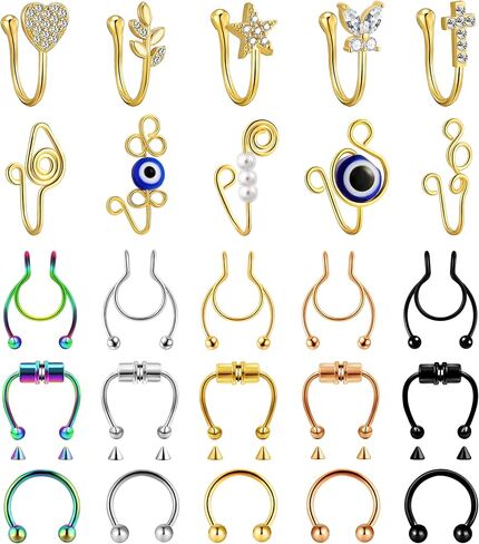 25Pcs Fake Nose Ring Nose Cuffs Fake Septum African Clip on Faux Septum Nose Ring Non Pierced Nose Hoop Heart Star Shape Multi-Style for Women Men Girls in Saudi Arabia