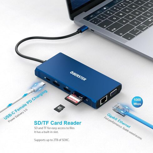 محطة إرساء USB C، 12 في 1 محور عرض ثلاثي 2 * 4K HDMI، VGA، 2 * منافذ USB 3.0، منفذ نقل بيانات USB C، 2 * منافذ USB 2.0، 100 وات PD، جيجابت إيثرنت (1 جيجابت في الثانية)، SD/TF متوافق مع شبابيك in Saudi Arabia