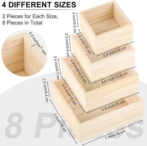 Aodaer 8 Pieces Unfinished Wooden Box in 4 Sizes Rustic Small Wood Box Square Storage Organizer Container Craft Box Paulownia Treasure Boxes for Crafts Home Table Decoration in Saudi Arabia