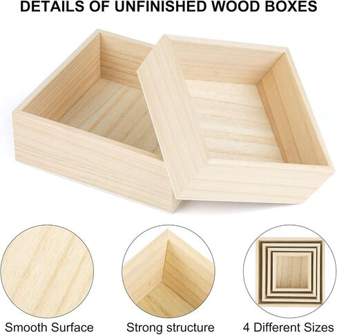 Aodaer 8 Pieces Unfinished Wooden Box in 4 Sizes Rustic Small Wood Box Square Storage Organizer Container Craft Box Paulownia Treasure Boxes for Crafts Home Table Decoration in Saudi Arabia