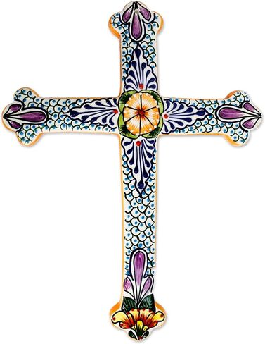 NOVICA Artisan Handmade Ceramic Cross Collectible Talavera Multicolor Mexico Wall Decor Crosses [15in H x 11.5in W x 0.6in D] ' Morning Glory' in Saudi Arabia