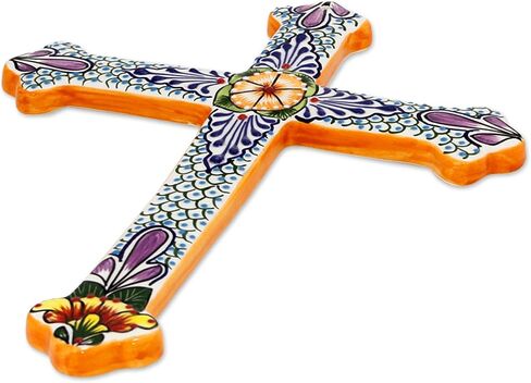 NOVICA Artisan Handmade Ceramic Cross Collectible Talavera Multicolor Mexico Wall Decor Crosses [15in H x 11.5in W x 0.6in D] ' Morning Glory' in Saudi Arabia