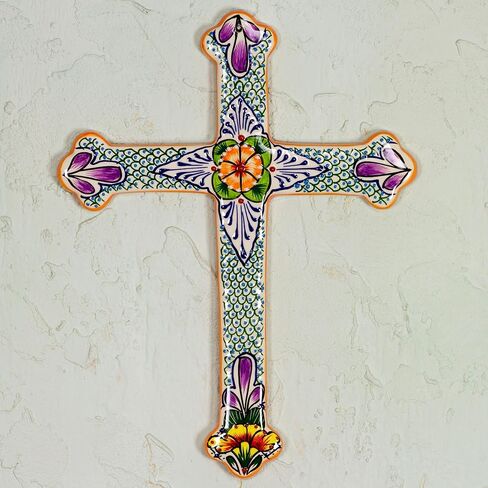 NOVICA Artisan Handmade Ceramic Cross Collectible Talavera Multicolor Mexico Wall Decor Crosses [15in H x 11.5in W x 0.6in D] ' Morning Glory' in Saudi Arabia