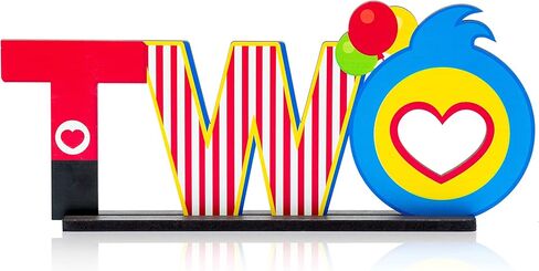 Plim TWO Letter Sign Wooden Table Centerpiece, Circus Clown Plim Theme 2nd Birthday Party Decoration Table Ornament Photo Props for Two Year Old Kids Second Birthday Theme Party Decor Supplies in Kuwait