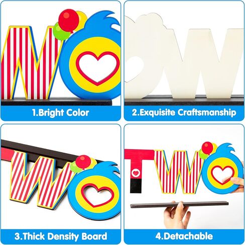 Plim TWO Letter Sign Wooden Table Centerpiece, Circus Clown Plim Theme 2nd Birthday Party Decoration Table Ornament Photo Props for Two Year Old Kids Second Birthday Theme Party Decor Supplies in Kuwait