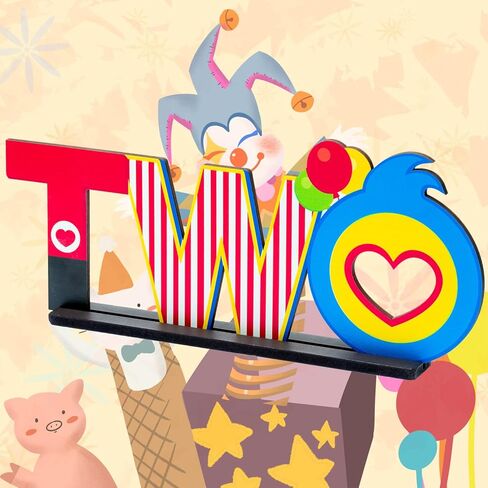 Plim TWO Letter Sign Wooden Table Centerpiece, Circus Clown Plim Theme 2nd Birthday Party Decoration Table Ornament Photo Props for Two Year Old Kids Second Birthday Theme Party Decor Supplies in Kuwait