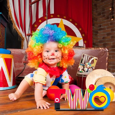 Plim TWO Letter Sign Wooden Table Centerpiece, Circus Clown Plim Theme 2nd Birthday Party Decoration Table Ornament Photo Props for Two Year Old Kids Second Birthday Theme Party Decor Supplies in Kuwait
