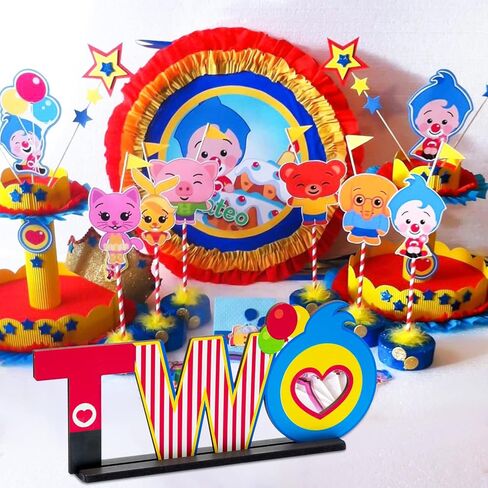 Plim TWO Letter Sign Wooden Table Centerpiece, Circus Clown Plim Theme 2nd Birthday Party Decoration Table Ornament Photo Props for Two Year Old Kids Second Birthday Theme Party Decor Supplies in Kuwait