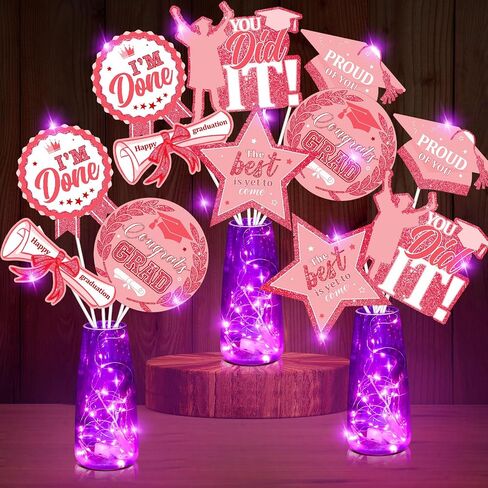 36 Set Graduation Party Decorations Glitter Pink Graduation Table Centerpiece Sticks with LED String Lights Congrats Grad Class of 2024 Table Toppers for 2024 Graduation Party Supplies in Saudi Arabia