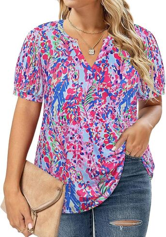 RITERA Plus Size Tops for Women Short Puff Sleeve Blouse Casual V Neck Tunic Oversize Loose Fit Ladies Tunic Summer XL-5XL in Saudi Arabia