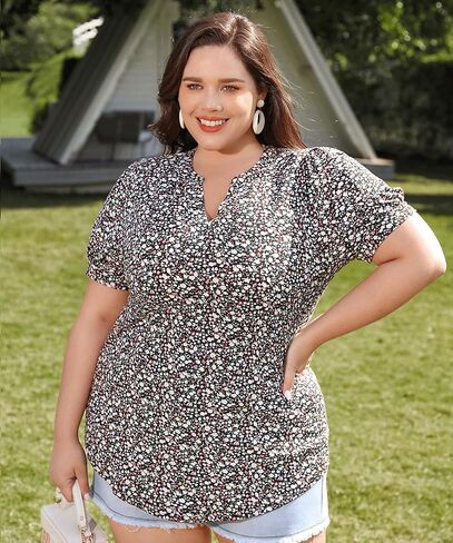 RITERA Plus Size Tops for Women Short Puff Sleeve Blouse Casual V Neck Tunic Oversize Loose Fit Ladies Tunic Summer XL-5XL in Saudi Arabia