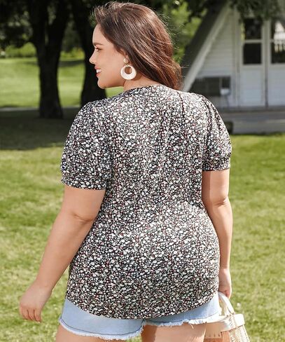 RITERA Plus Size Tops for Women Short Puff Sleeve Blouse Casual V Neck Tunic Oversize Loose Fit Ladies Tunic Summer XL-5XL in Saudi Arabia